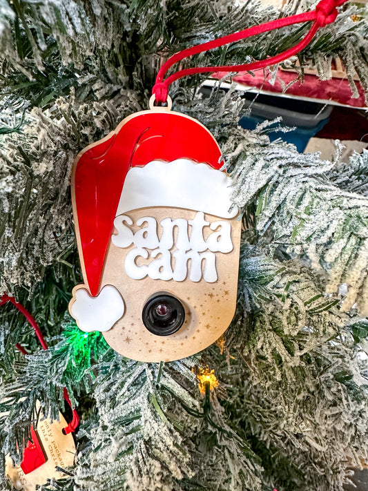 Santa Cam Ornament – Real Camera Lens | Acrylic & Wood Christmas Ornament | Red or Pink Santa Hat