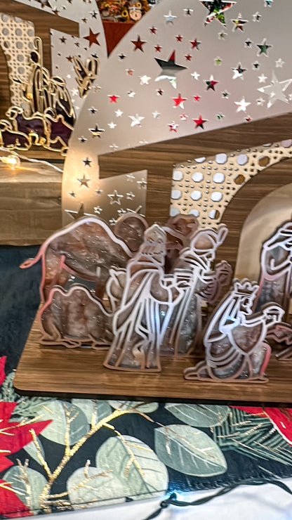 Wood & Acrylic Nativity Set – Layered Christmas Nativity • Stained Glass Effect • Multiple Color Options • Heirloom Display