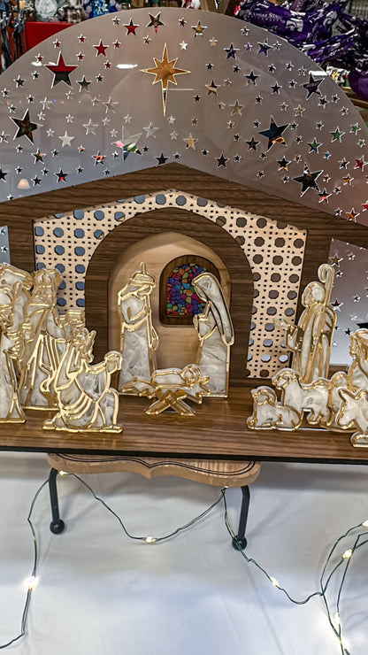 Wood & Acrylic Nativity Set – Layered Christmas Nativity • Stained Glass Effect • Multiple Color Options • Heirloom Display
