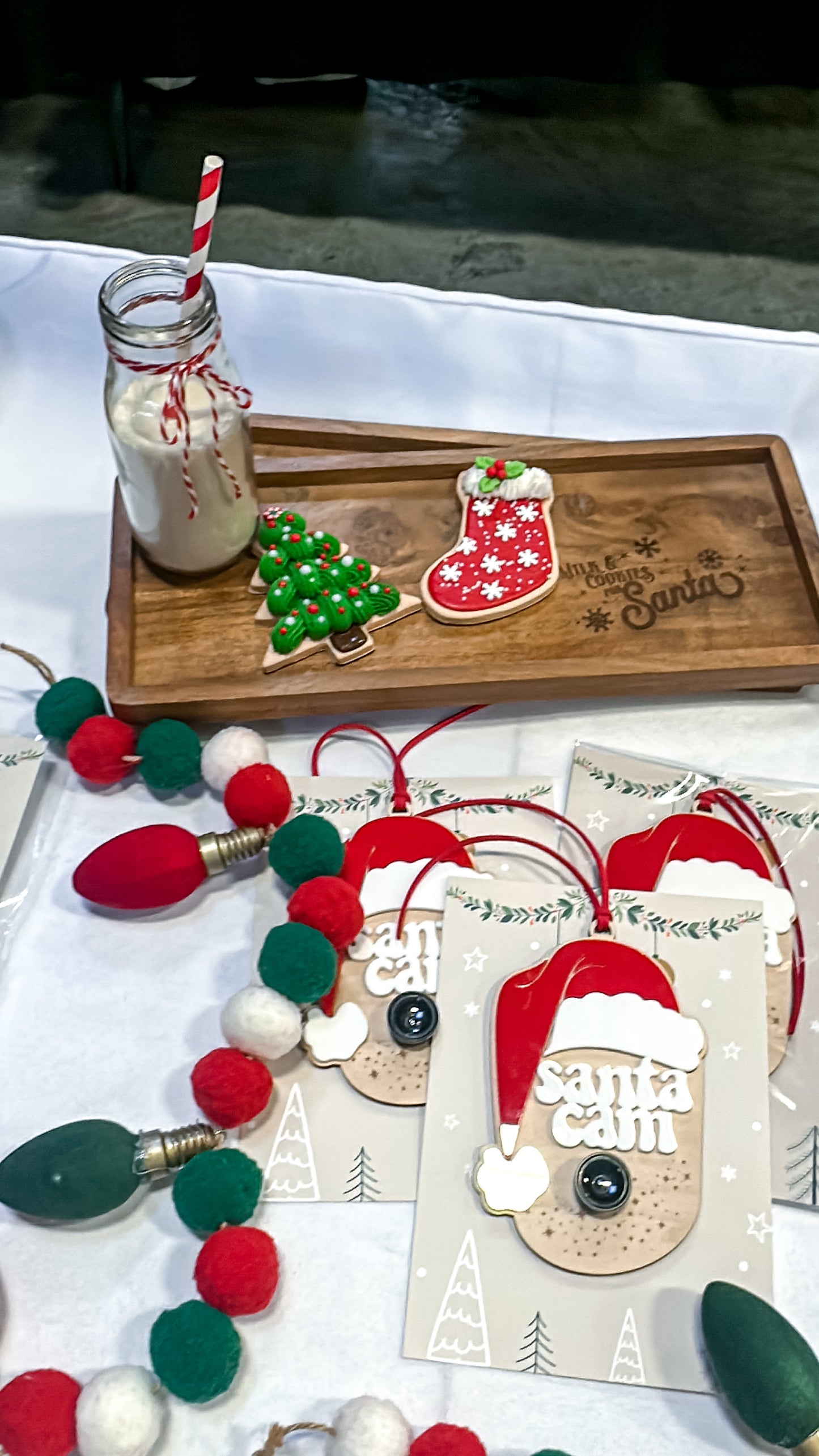 Santa Cam Ornament – Real Camera Lens | Acrylic & Wood Christmas Ornament | Red or Pink Santa Hat